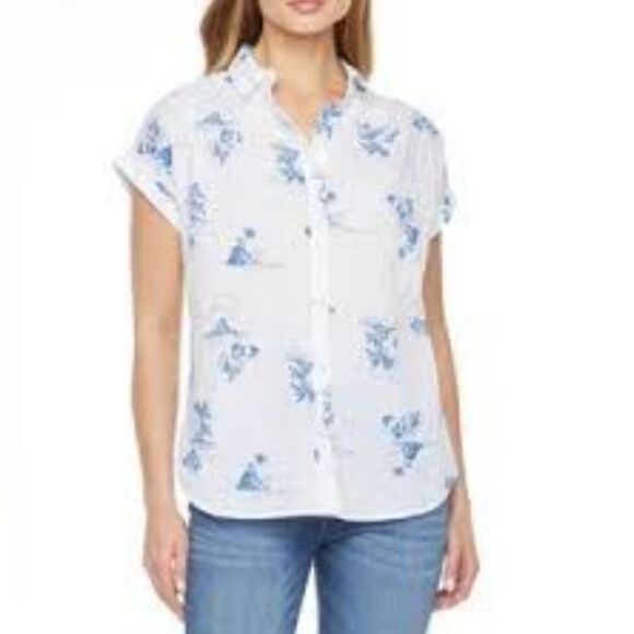 a.n.a. White & Blue Hawaiian Tropical Rolled Sleeves Button Down Shirt - Picture 1 of 10